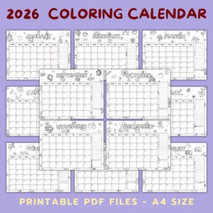 Calendrier 2026 à colorier, imprimable, PDF au format A4, activité pour enfants