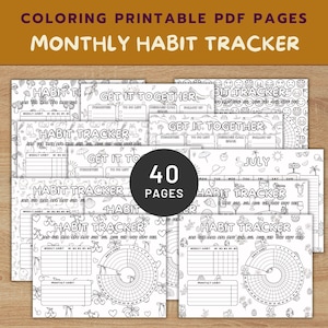 May include: A set of 40 printable colouring pages featuring monthly habit trackers. The pages are designed with various themes, including summer, animals, and geometric patterns. Each page includes a weekly and monthly habit tracker section.