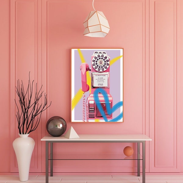 Rotary Phone Print, Retro Wall Art, Retro Print, Pink Vintage Phone Print, Housewarming Gift, Telephone Print, Pink Art Print, Phone Poster