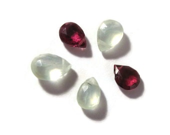 Five Gemstone Beads, Briolette Mix, Prehnite & Rhodolite Garnet Beads, Set of 5 Pear Shaped Briolettes, 6mm x 4mm - 9mm x 7mm (B-Mix3)