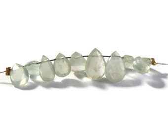 Ten Prehnite Beads, Pale Green Briolettes, 10 Radiant Pear Shaped Gemstones for Making Jewelry, 6x4mm-9x7mm (B-Pr2a)