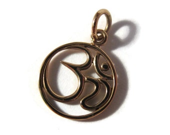 Gold Ohm Charm, Natural Bronze Om Symbol, Yoga Jewelry, Round Circle Pendant for Charm Necklace or Bracelet (CH 501b)