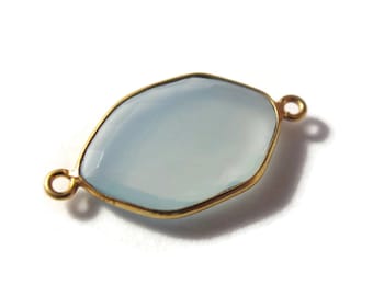 One Blue Gemstone Pendant, Light Blue Chalcedony Gemstone Charm, Gold Plated Bezel, 26mm x 14mm, Jewelry Supplies (C-Ch1b)