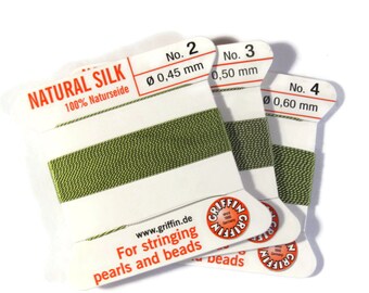 Size 2, 3 or 4 : Sage Green Cord, 100% Silk Cord with Built-In Stainless Steel Needle for Jewelry & Hand Knotting, 2 Yard Spool