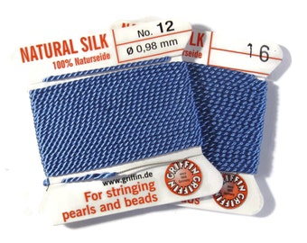 Size 12 or 16 : Sky Blue Cord, 100% Silk Cord with Built-In Stainless Steel Needle for Jewelry & Hand Knotting, 2 Yard Spool