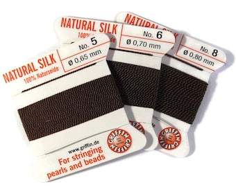 Size 5, 6 or 8 : Dark Brown Cord, 100% Silk Cord with Built-In Stainless Steel Needle for Jewelry / Hand Knotting, 2 Yard Spool, Supplies