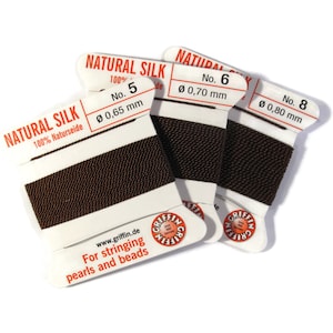 Size 5, 6 or 8 : Dark Brown Cord, 100% Silk Cord with Built-In Stainless Steel Needle for Jewelry / Hand Knotting, 2 Yard Spool, Supplies