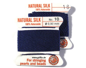 Size 10 or 16 : Dark Navy Blue Cord, 100% Silk Cord with Built-In Stainless Steel Needle for Jewelry & Hand Knotting, 2 Yard Spool