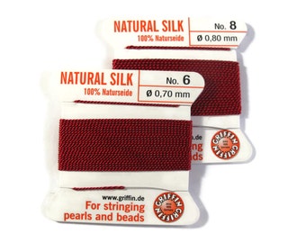 Size 6 or 8 : Dark Red Cord, 100% Silk Cord with Built-In Stainless Steel Needle for Jewelry & Hand Knotting, 2 Yard Spool