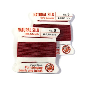Size 6 or 8 : Dark Red Cord, 100% Silk Cord with Built-In Stainless Steel Needle for Jewelry & Hand Knotting, 2 Yard Spool
