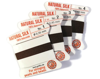Size 1, 2, 3 or 4 : Dark Brown Cord, 100% Silk Cord with Built-In Stainless Steel Needle for Jewelry & Hand Knotting, 2 Yard Spool