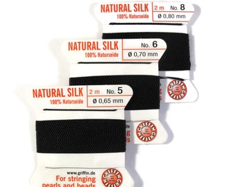 Size 5, 6 or 8 : Black Cord, 100% Silk Cord with Built-In Stainless Steel Needle for Jewelry & Hand Knotting, 2 Yard Spool