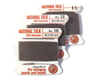 Size 10, 12 or 16 : Gray Cord, 100% Silk Cord with Built-In Stainless Steel Needle for Jewelry & Hand Knotting, 2 Yard Spool