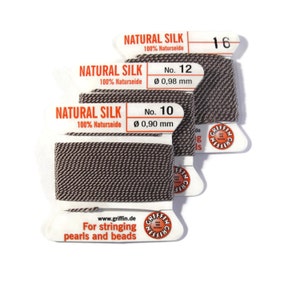 Size 10, 12 or 16 : Gray Cord, 100% Silk Cord with Built-In Stainless Steel Needle for Jewelry & Hand Knotting, 2 Yard Spool