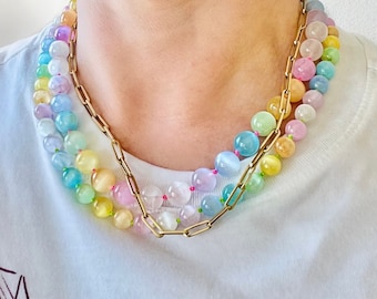 Rainbow Selenite Necklace, Cat's Eye Gemstone Jewelry, Gem Candy Jewelry, Pastel Rainbow Necklace, Hand Knotted Necklace, Easter Necklace