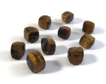 Ten Tigers Eye Beads, Beautiful Golden Gemstones Cubes, Natural Gemstones for Making Jewelry, 6.5mm x 6.5mm - 8mm x 8mm, 10 Stones (S-Te2a)