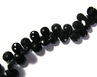 Black Spinel Beads, 7mm x 5mm Faceted Pear Shaped Briolettes, 4 Inch Strand of Natural Gemstones for Making Jewelry (B-Sp2a)