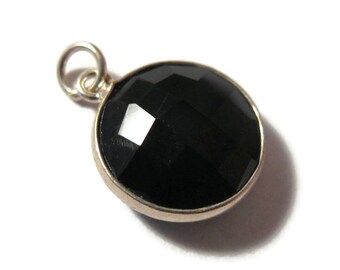 Black Gemstone Charm, One Chalcedony Pendant with Silver Plated Bezel, 13mm Round Gemstone, Jewelry Supplies (C-Ra2d)