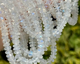 Rainbow Moonstone Rondelles, 4mm - 5.5mm Smooth Beads, Graduated Strand of Blue Moonstone Beads for Making Beaded Necklace (MO14)