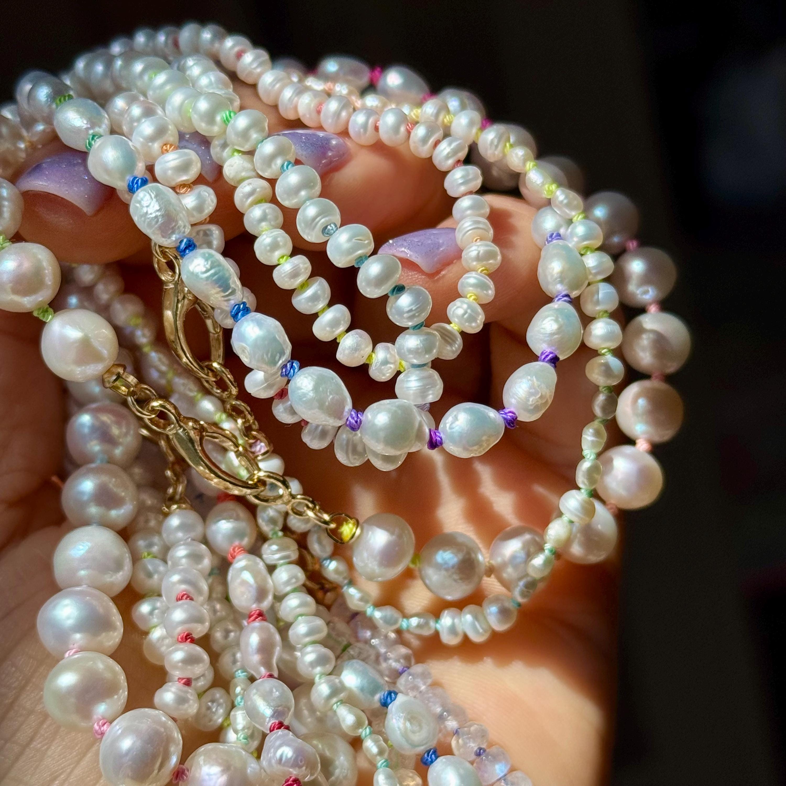 Pearl Necklace, Pearl Knotted Necklace, Charm Holder Necklace, 8mm Pearl Necklace, Dainty Pearl Necklace, Rainbow Knotted Necklace, SM28