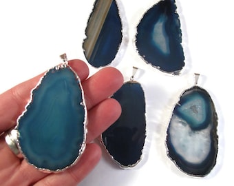 One Blue Gemstone Pendant, Silver Plated Quartz Charm, Agate Slice Pendant, Bezel Set Gemstone, Focal Piece (C-Ag22)