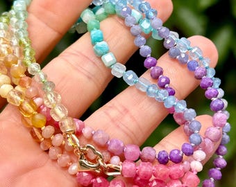 34" Long Gemstone Knotted Rainbow Necklace with 14k Gold Clasp, F5