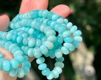 5mm through 8mm Amazonite Smooth Rondelles, Natural Gemstone Beads, Strand of Light Teal Blue Gems for Making Colorful Jewelry (R-AMZ3)