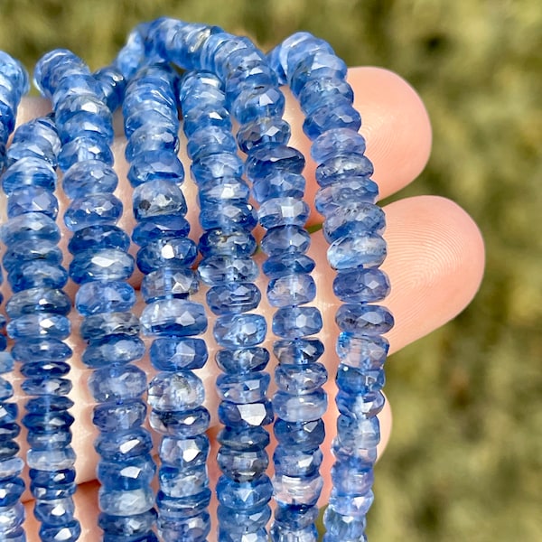 Blue Kyanite Beads, 2" Strand 4mm - 5.5mm Faceted Rondelles, Sapphire Blue Gems, 5mm Gemstone Rondelles for Making Beaded Jewelry, R-KYA7