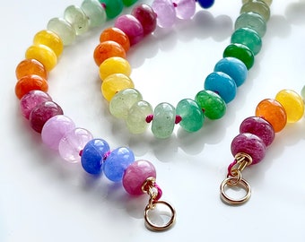 Rainbow Gemstone Necklace with Loops for Carabiner, Gem Candy Jewelry, Bright Rainbow Necklace, Hand Knotted Necklace, Rainbow Gift for Her