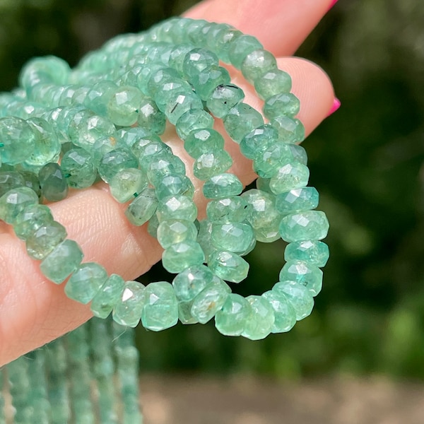 Natural Emerald Faceted Rondelles, 3mm - 5mm Graduated Strand of Blue Green Gemstone Beads, May Birthstone Gems for Making Jewelry (EM4)