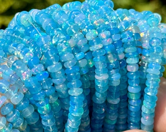 Light Blue Opal Beads, Blue Opal Rondelles, 3mm - 5mm Strand of Ethiopian Opal Beads, Black Opal Lookalike, Pastel Blue Beads, EO29
