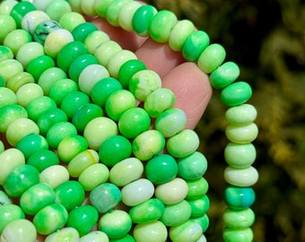 Peridot and Emerald Green Opal 7mm - 8mm Smooth Rondelles, Neon Lime Green Natural Gemstone Beads, Shaded Gems for Making Necklaces, PE3