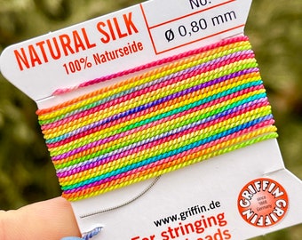 GRIFFIN Silk Cord, "Bright and Battered" Bead Snob® Dye Job™, Rainbow Cord, Multi Color Cord for Knotting Beads, Size 6 or 8 Griffin Silk