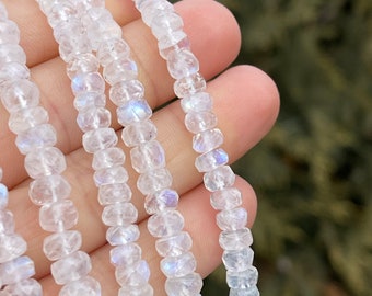 Rainbow Moonstone 6mm - 6.5mm Faceted Rondelles, Untreated Natural Gems, White Labradorite or Blue Moonstone Gems for Making Necklaces R-MO9