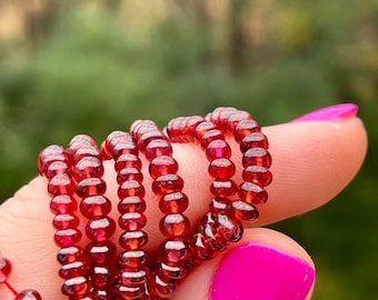 Red Garnet Smooth Rondelles, 3mm - 4.5mm Garnet Gemstone Beads, January Birthstone Gems for Making Necklaces and Beaded Bracelets (R-GA12)