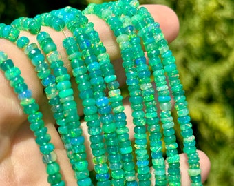 Green Ethiopian Opal Beads, 4mm - 4.5mm Opal Smooth Rondelle, Emerald Green Opal Beads, 4mm Opal Rondelles, October Birthstone Gems, EO28