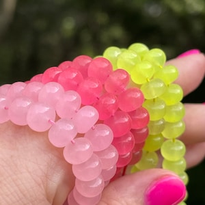 Hot Pink and Light Pink and Lime Green Hydro Quartz Beads, 7.5mm - 8mm Chalcedony Simulant Smooth Rondelles, Neon Beads for Making Jewelry