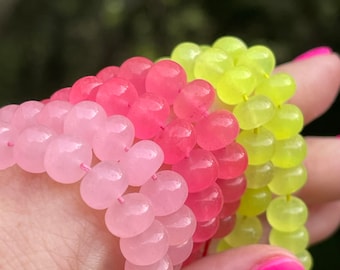 Hot Pink and Light Pink and Lime Green Hydro Quartz Beads, 7.5mm - 8mm Chalcedony Simulant Smooth Rondelles, Neon Beads for Making Jewelry