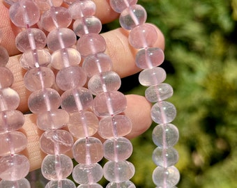 Rose Quartz Smooth Rondelles, 6mm - 8mm Rose Quartz Beads, Pastel Pink Gemstone Beads, Natural Gems for Making Knotted Necklaces, R-RQ7