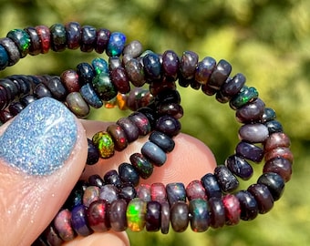 Ethiopian Opal Beads, 4mm - 5mm Gemstone Rondelles, Black Opal Gems, Natural Gemstone Beads for Necklaces, October Birthstone Gems, EO12