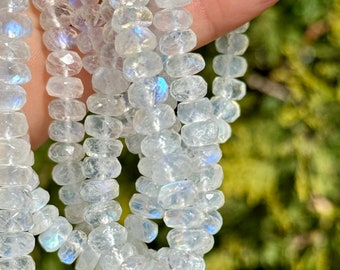 Rainbow Moonstone 7mm - 8mm Rondelles, Rainbow Moonstone Beads, Moonstone 8mm Rondelles, Blue Moonstone 7mm Beads, (R-MO15)