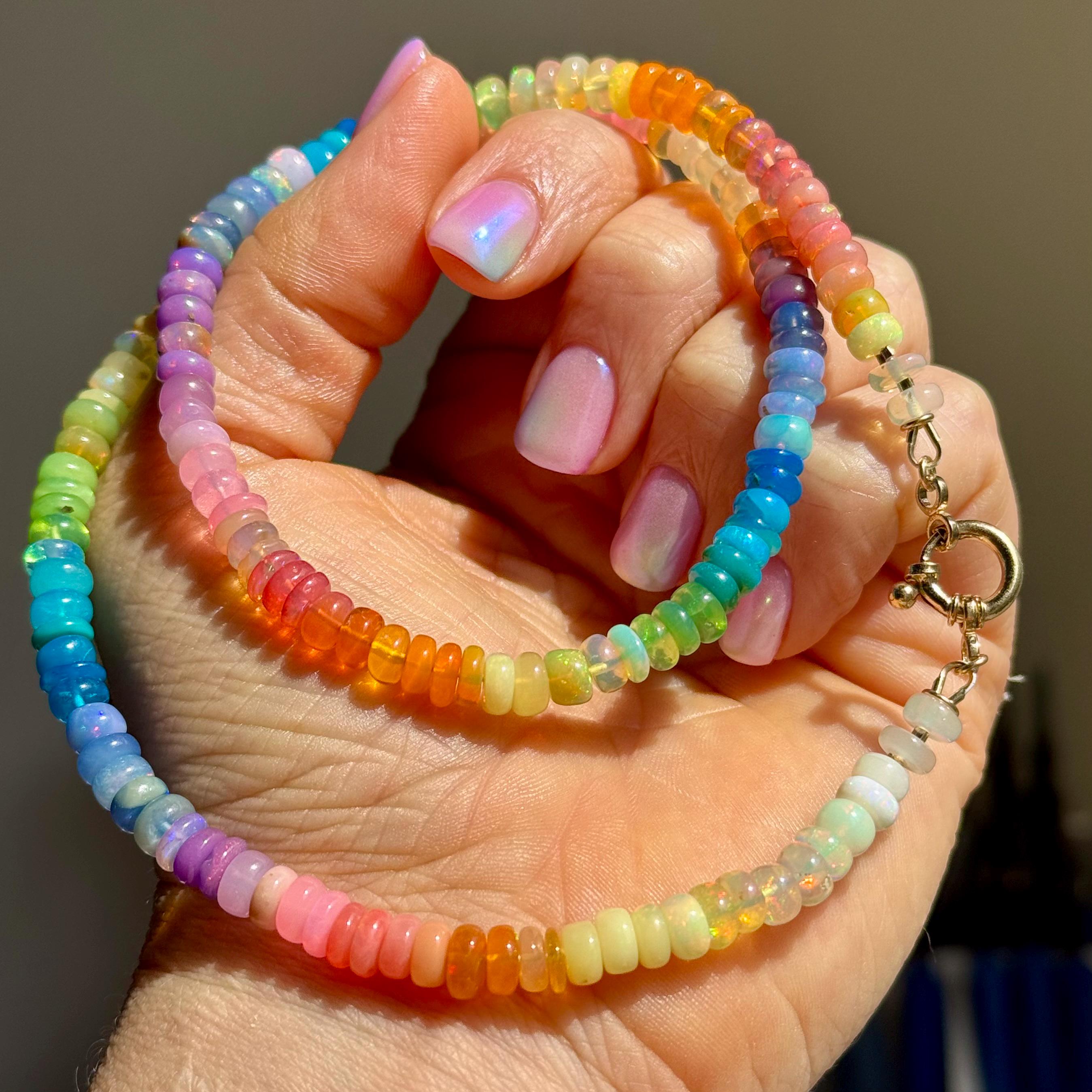 Rainbow Necklace, 20" Necklace, Rainbow Opal Beads Necklace, Sailor Clasp Necklace, Charm Clasp Necklace, Rainbow Gemstone Necklace, SM5