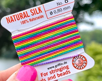 Size 6 or 8 GRIFFIN Silk Cord with "Bright 2.0" Bead Snob® Dye Job™, Hand Dyed Rainbow Cord with Built-In Needle for Making Jewelry