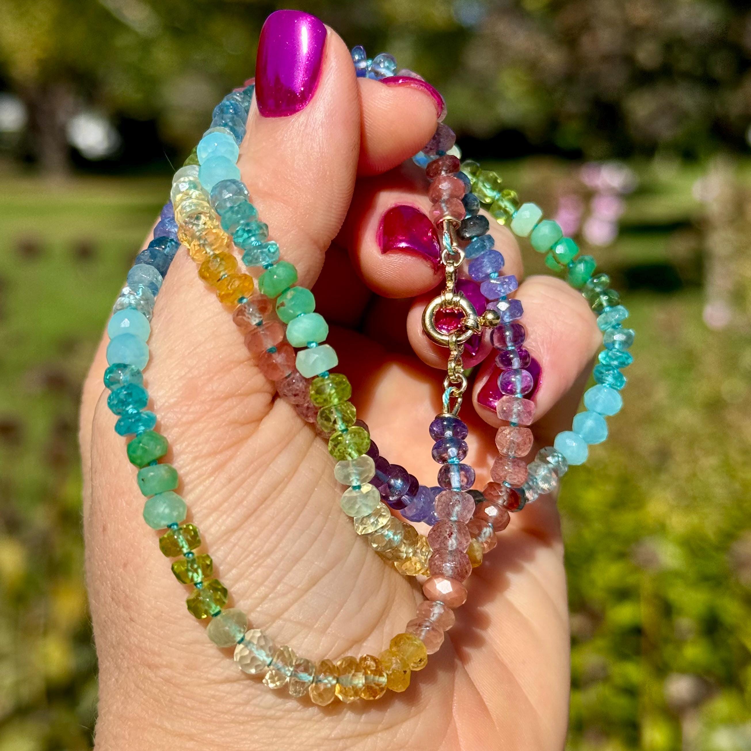 Rainbow Gemstone Necklace, Long Knotted Necklace Stone, Rainbow