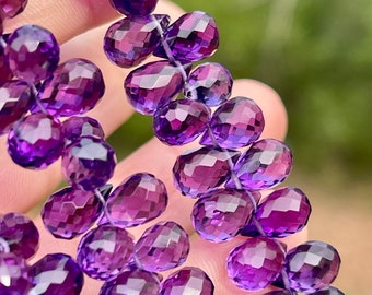 Amethyst Purple Hydro Quartz Briolettes, 8mm - 9mm Faceted Top Drilled Drops, Beads for Making Earrings, Gemstone Teardrop Beads (B-HQ2)