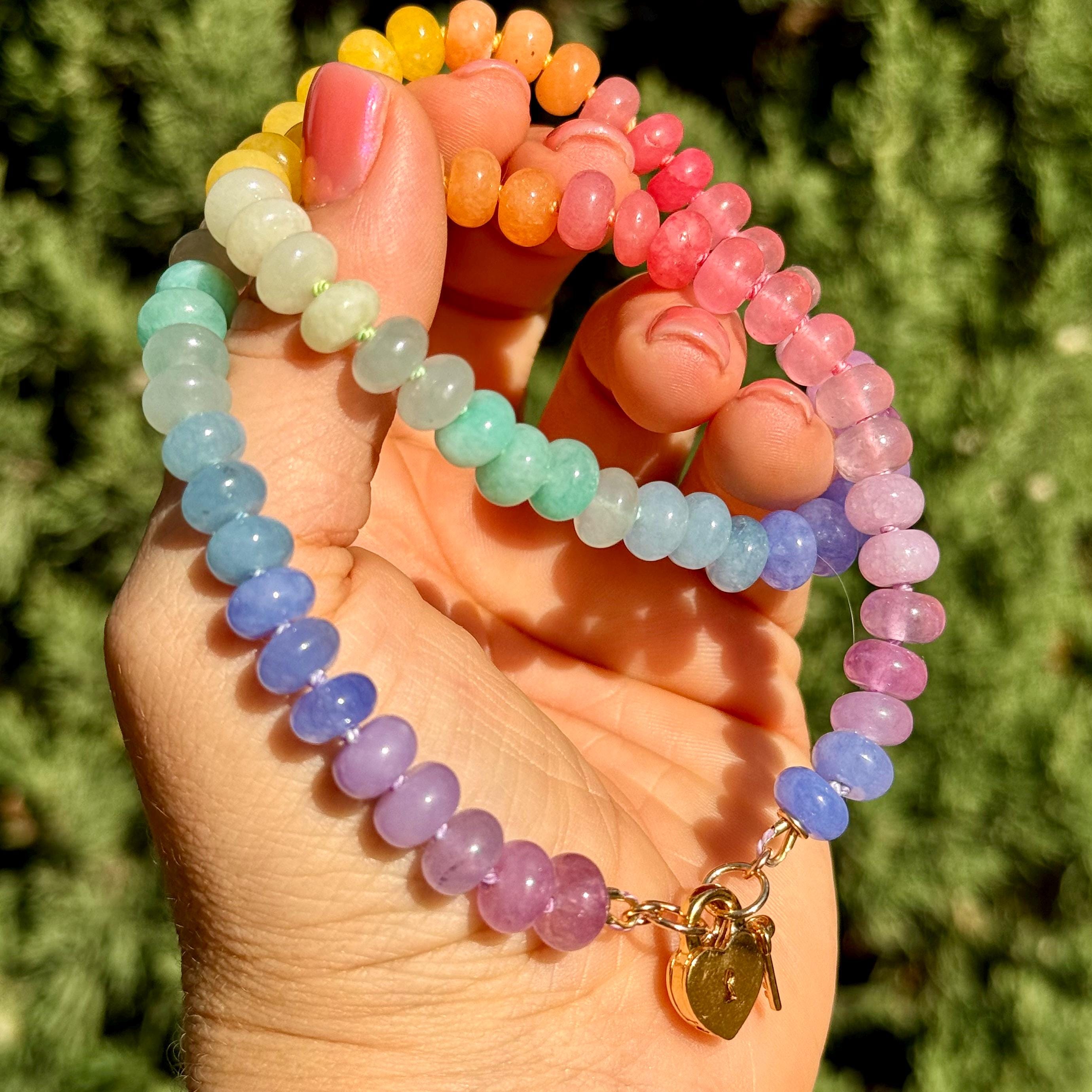Pastel Rainbow Necklace, Unique Necklace, Necklace with Heart Clasp, Heart Jewelry, Knotted Necklace, Gemstone Jewelry, Gift for Her, DM18