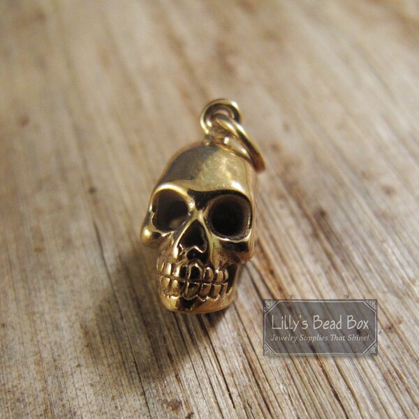 Gold Skull Charm, Skeleton Head, Natural Bronze Charm for Making Jewelry, Halloween Pendant, Bracelet or Necklace (CH 578b)