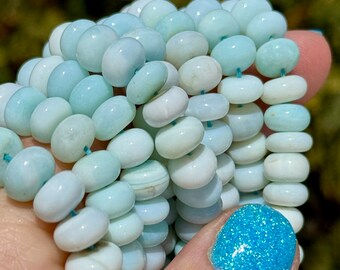 Very Light Blue Opal Rondelles, 7mm - 8mm Gemstone Rondelles, Peruvian Blue Opal Color Beads, Pastel Blue Beads, 8mm Opal Beads (R-VLB1)