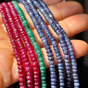 Ruby Rondelle Beads, 3mm to 5mm, 13" Strand, Blue Sapphire Rondelle Beads, Emerald Rondelle Beads, 4mm Ruby Beads, 4mm Emerald Beads, PREC1