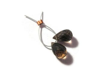 Matched Pair of Smoky Quartz Beads, Two Natural Gemstone Briolettes, 6mm x 4mm - 6.5mm x 5.5mm, 2 Stones for Making Jewelry (B-Sq6d)